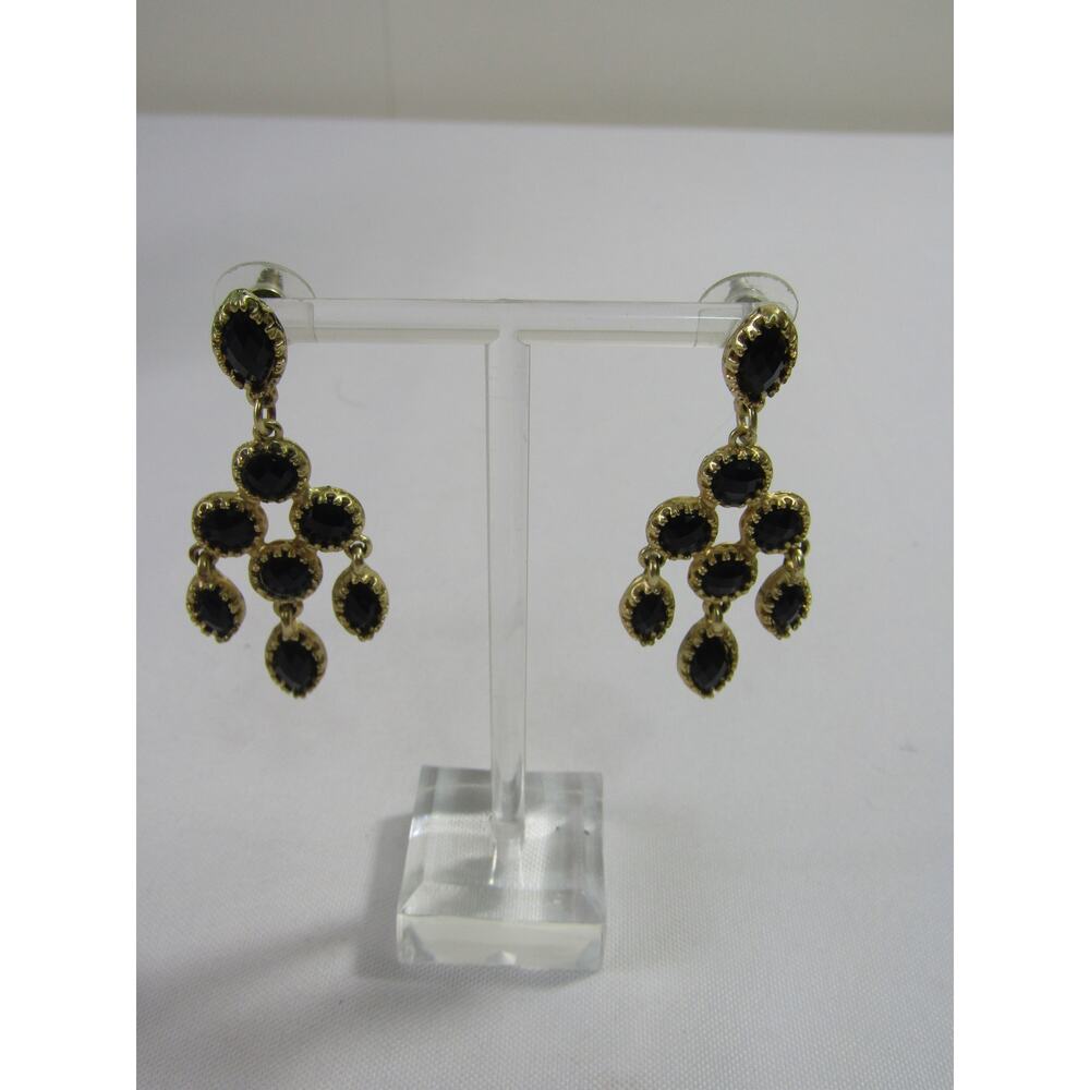 Black Bead Gold Tone Chandelier Dangly Earrings 2 1/4" VTG Whimsycal Y2K Classic